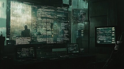 Hacker working late in a dark, digital room