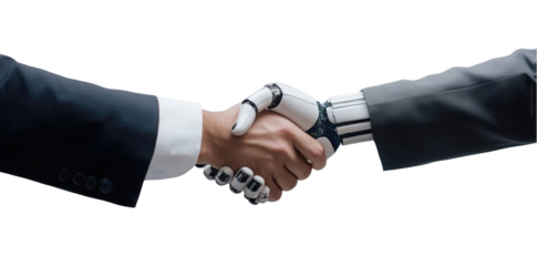Photo of a human hand and a robot arm shaking hands, isolated on a white background