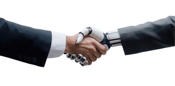 
Photo of a human hand and a robot arm shaking hands, isolated on a white background