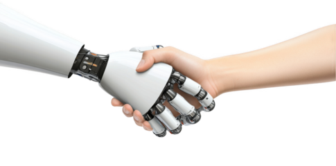 Photo of a human hand and a robot arm shaking hands, isolated on a white background