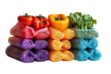 Colorful arrangement of fresh vegetables in mesh bags at a local market during the afternoon