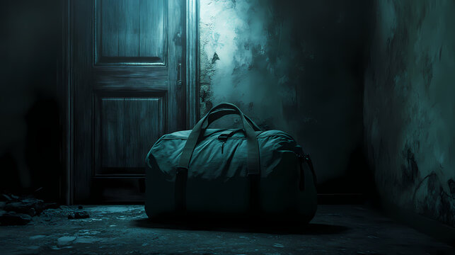 Duffel bag filled with mysterious illegal items lying on the floor of a dimly lit shadowy room concept of criminal activity investigation and concealed contraband. Secretive - Doorway. Illustration