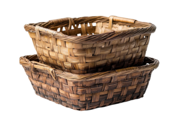 Woven baskets in natural colors arranged in a stacked formation