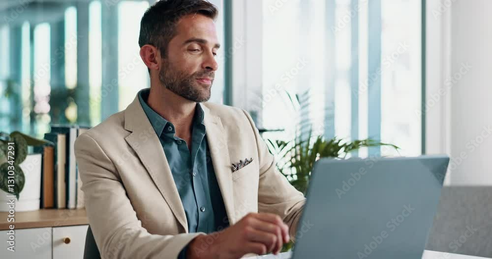 Poster laptop, drinking water and thinking with business man in office for reflection, company report and n