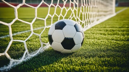 Fototapeta premium Soccer ball resting near goal net on field