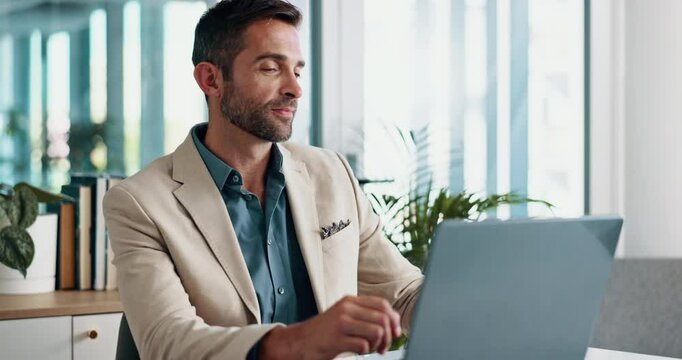 Laptop, drinking water and thinking with business man in office for reflection, company report and newsletter Vision, review and accountant with employee in agency for planning, admin and project