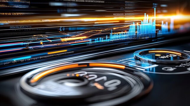 Futuristic dashboard displays data streams and graphs.