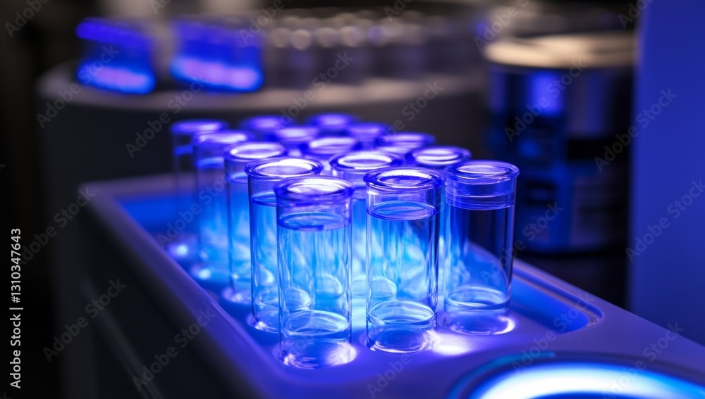 Poster illuminated test tubes in a lab setting