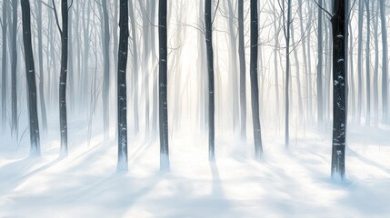 Fototapeta premium Sunbeams pierce misty winter forest, snow-covered ground, tree trunks.