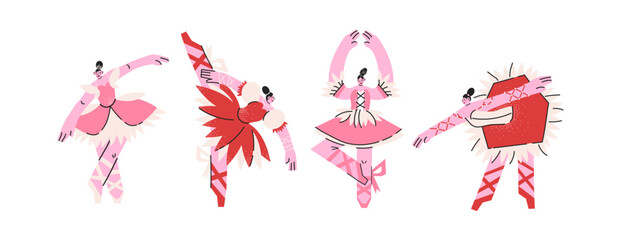 Cartoon characters of ballerinas in different poses. Girls dancing classical choreography in pointe shoes. Ballet set female © Limpreom