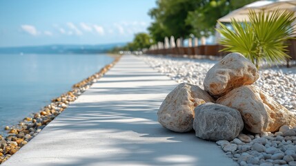 Bright sunlight illuminates the tranquil riverbank where smooth rocks rest beside calm waters, creating a stunning interplay of light and textures amidst comfortable surroundings