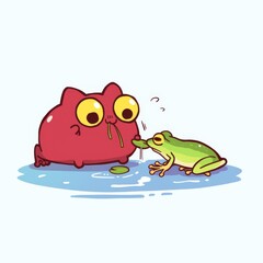 Obraz premium Cute Cat & Frog Eating Lily Pad