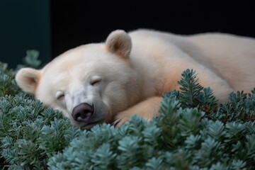 A white bear enjoys a peaceful nap, nestled comfortably among vibrant green foliage in a calm setting, radiating tranquility and relaxation