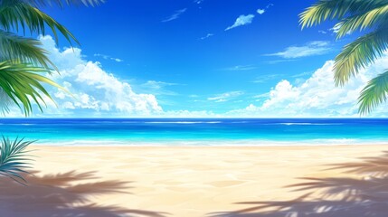 Serene tropical beach scene with clear blue skies, palm trees framing the shore, and calm ocean waves