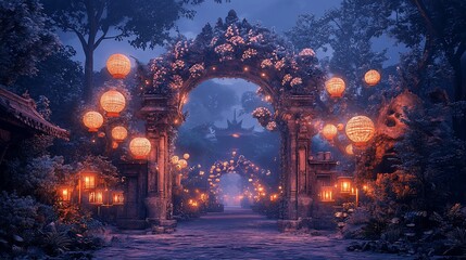 Naklejka premium Illuminated Pathway Through Ornate Archway in Mystical Garden