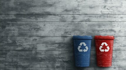 A seamless pattern features recycling bins in blue and red, highlighting no plastic and zero waste concepts while promoting an ecological lifestyle through simple icons and motifs