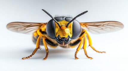 Close-up of a bee on a white background, facing forward
