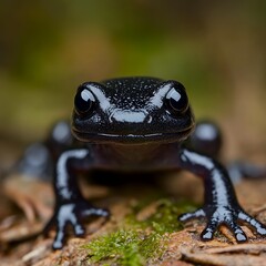 A dark alpine salamander cautiously emerging from hiding