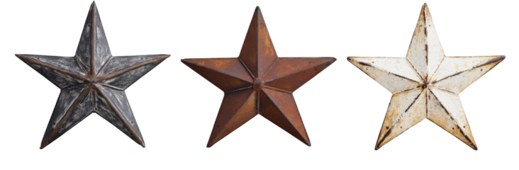 3D rendering of three old, rustic metal stars isolated on a white background