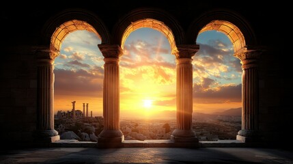 Ancient arches, sunset view, city skyline, dramatic sky