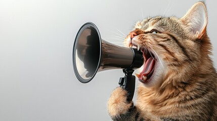 Angry tabby cat shouting into megaphone