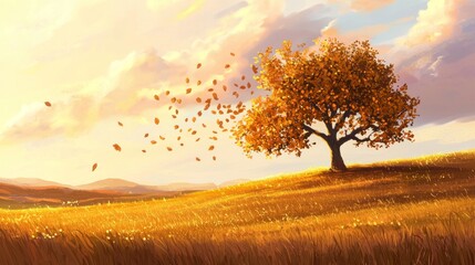 Fototapeta premium Solitary autumn tree on a hill with falling leaves at sunset.