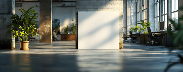 Fototapeta premium Blank sign in sunlit loft office