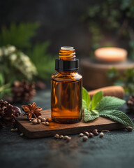 Elegant amber glass bottle surrounded by nature's aromas in cozy setting