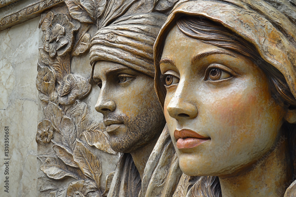 Poster generative ai bas-relief sculpture combining classical artistic themes with modern world attributes