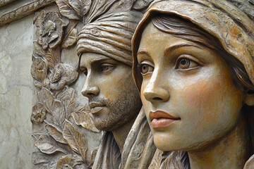Fototapeta premium Generative AI Bas-Relief Sculpture Combining Classical Artistic Themes with Modern world attributes
