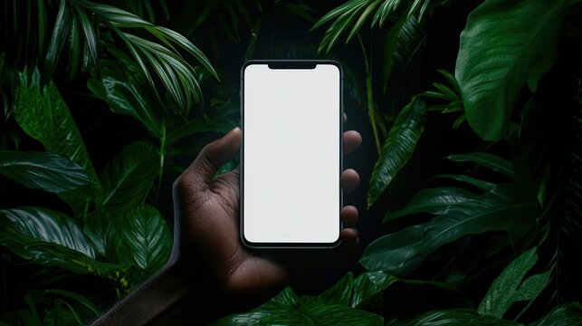 Hand holding smartphone with blank screen amidst lush tropical foliage.