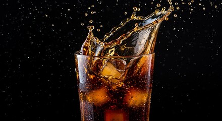 Iced cola splash in glass against black background