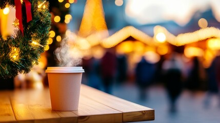 Cozy winter market scene with steaming coffee cup, festive light, and blurred shoppers in background