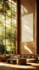 Fototapeta premium Sunlit lobby lounge, nature view, poster