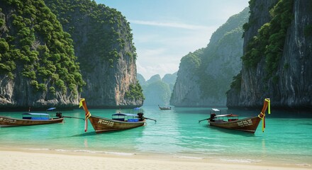 Idyllic Thai longtail boats in turquoise bay, limestone cliffs