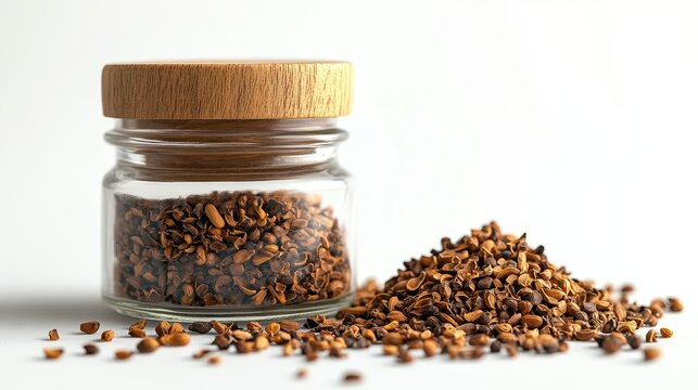 Glass jar filled with cumin seeds  
