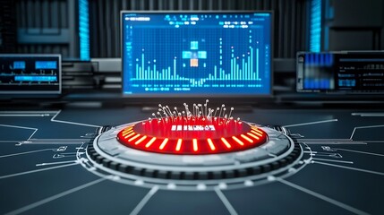 Futuristic data processing hub with glowing central interface. Network, technology, digital, interface, system, data, processing