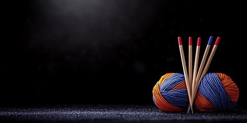Colorful yarn balls with knitting needles arranged artistically against a dark background