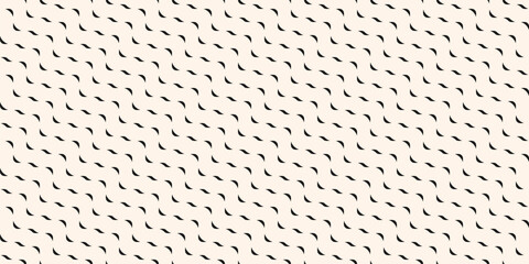 Vector minimalist geometric seamless pattern with small wavy shapes, curved lines, waves. Simple abstract texture of ripple water surface. Black and white background. Modern minimal repeated design