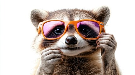 Playful raccoon in sunglasses, studio shot
