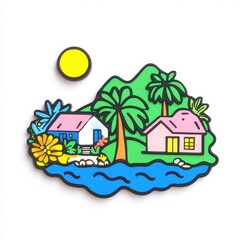 Fototapeta premium Vibrant Tropical Landscape Featuring Colorful Houses, Lush Palm Trees, a Bright Sun, and Serene Water Body