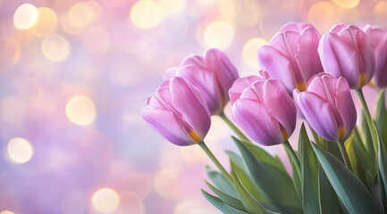 Obraz premium Purple tulips, blooming in a spring garden on a soft, colorful bokeh background. Spring background with tulips for women's day 