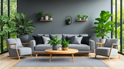 Modern grey living room with plants, large windows, and natural light