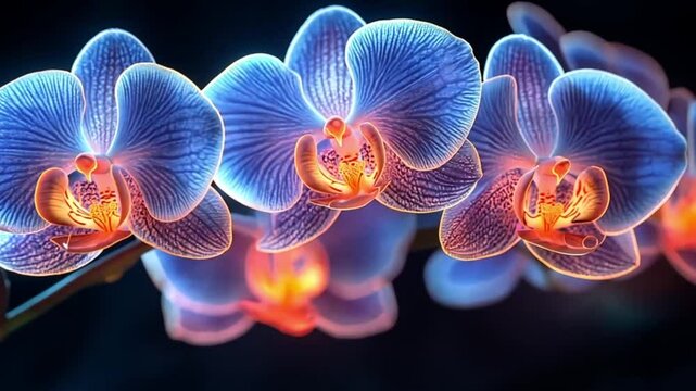 Close-up of glowing purple orchids on a dark background. Possible use  Print design, wallpaper, or website banner