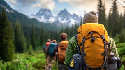 Hikers on mountain trail, scenic alpine backdrop