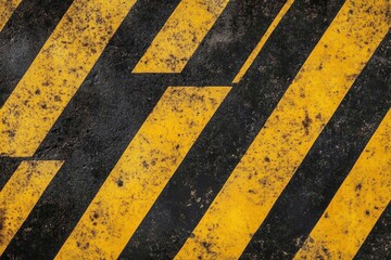 A close-up of a weathered surface featuring bold yellow and black diagonal stripes, commonly used for warning or caution signage.