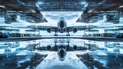 Fototapeta premium Airplane landing at munich germany airport mirrored in terminal. Mirrored - Lake. Illustration
