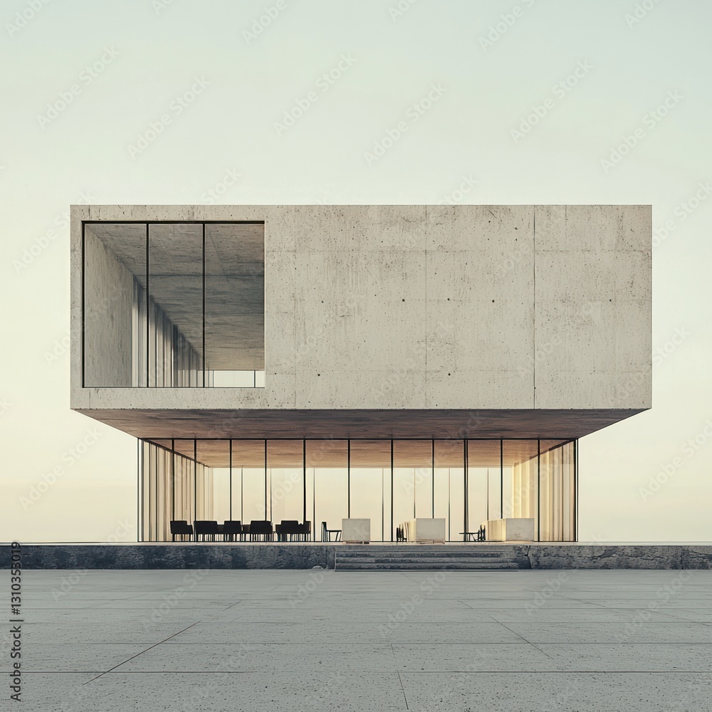 Poster modern concrete building with large windows and minimalist design.