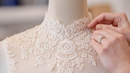 Delicate bridal gown bodice adjustment with intricate lace detail against soft background
