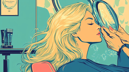 Blonde woman getting her hair done at a salon. Mirrored - Lake. Illustration